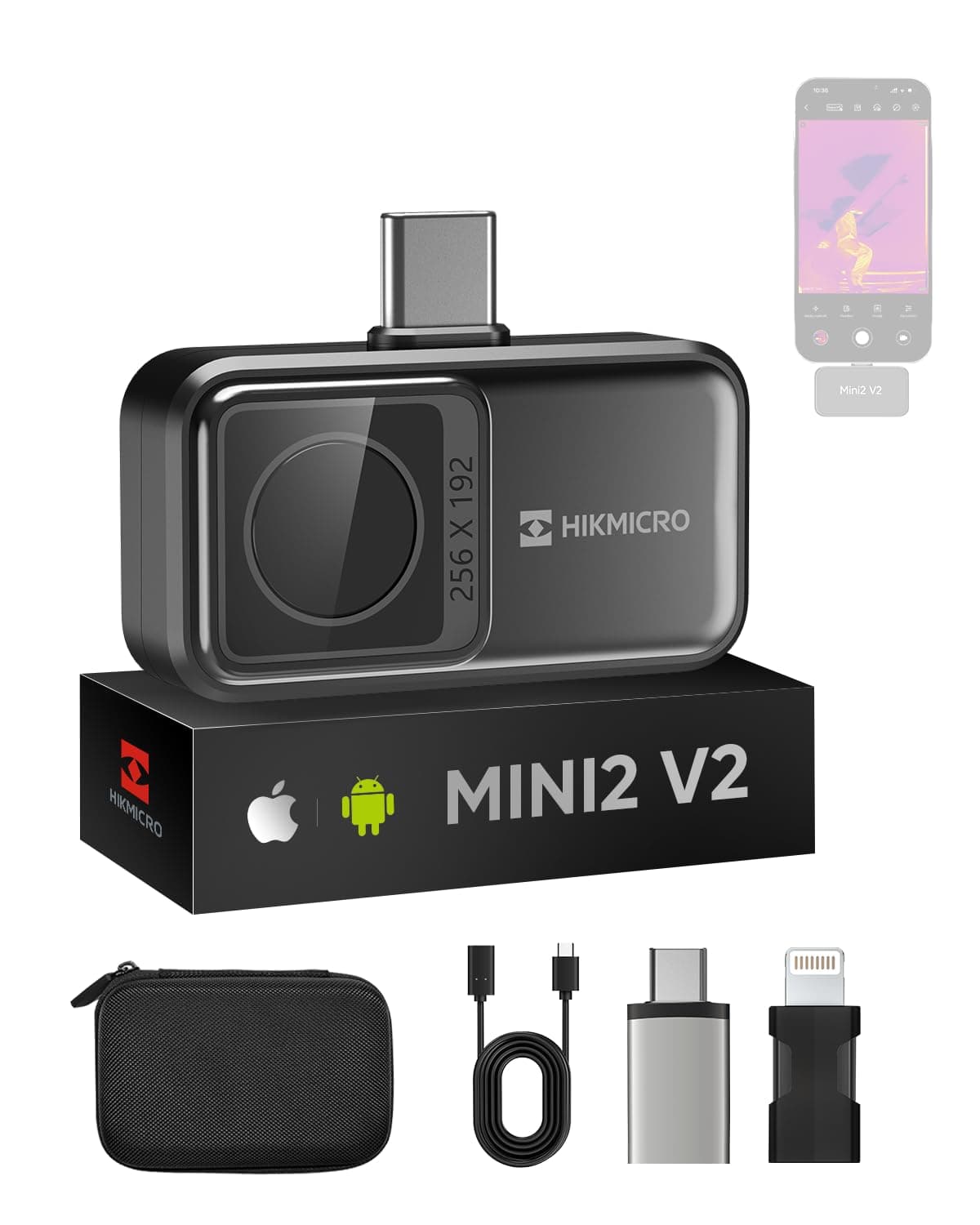 HIKMICRO Mini2 V2 Thermal Camera - iOS/Android, 256x192 IR Resolution, SuperIR, 50° Wide Angle, 25Hz, No Battery, for Phone/Tablet/PC, USB-C/Lightning Port (Adapter Included, support iPhone 15)
