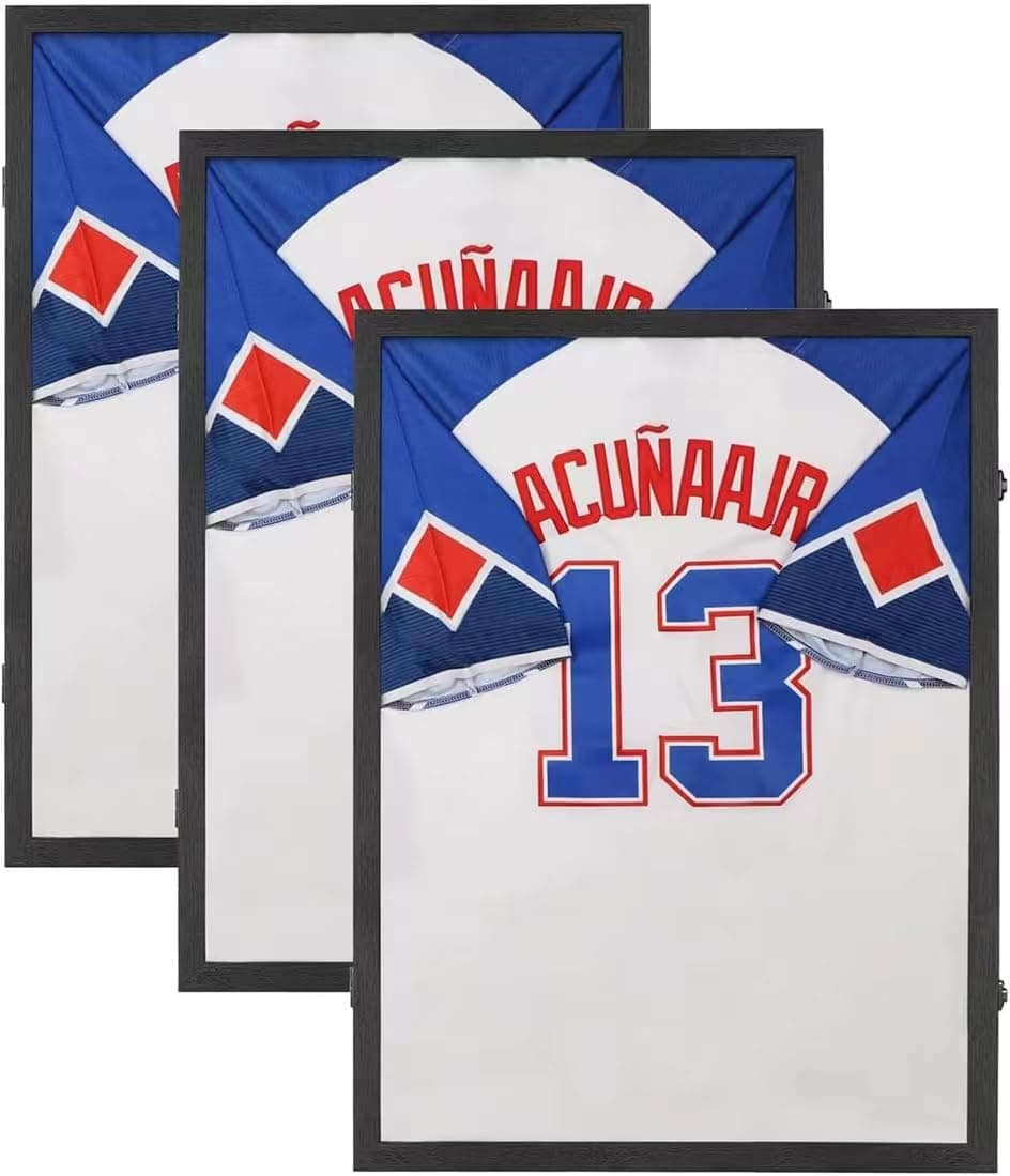 Jersey Frame Display Case 3 Pack- Large Sports Jersey Display Case, Wall Mount Lockable Flat Jersey Shadow Box with UV Protection for Football, Baseball, Basketball, Hockey, Soccer, Black