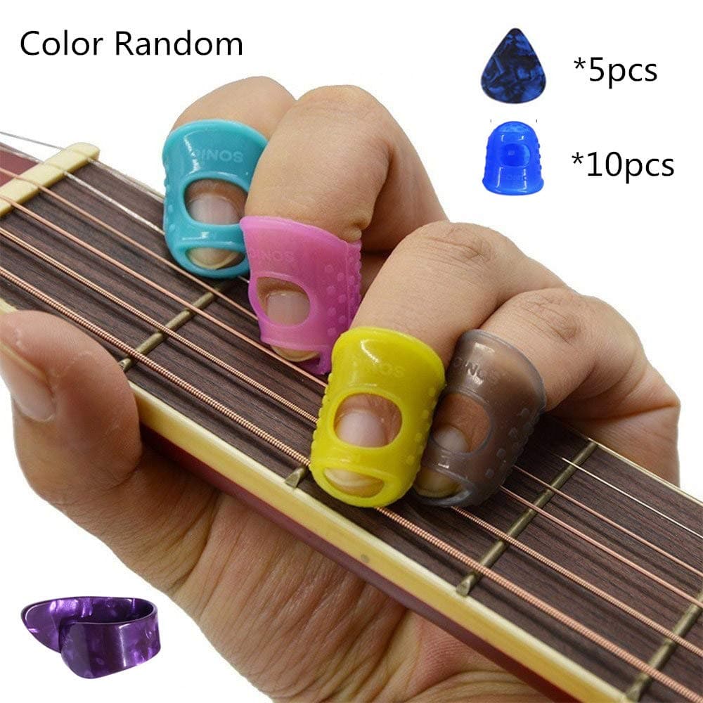 Large Medium Small size Guitar Fingertip Protectors with 5 pcs picks(0.71mm) Silicone Finger Guards for Ukulele, Guitar(S)
