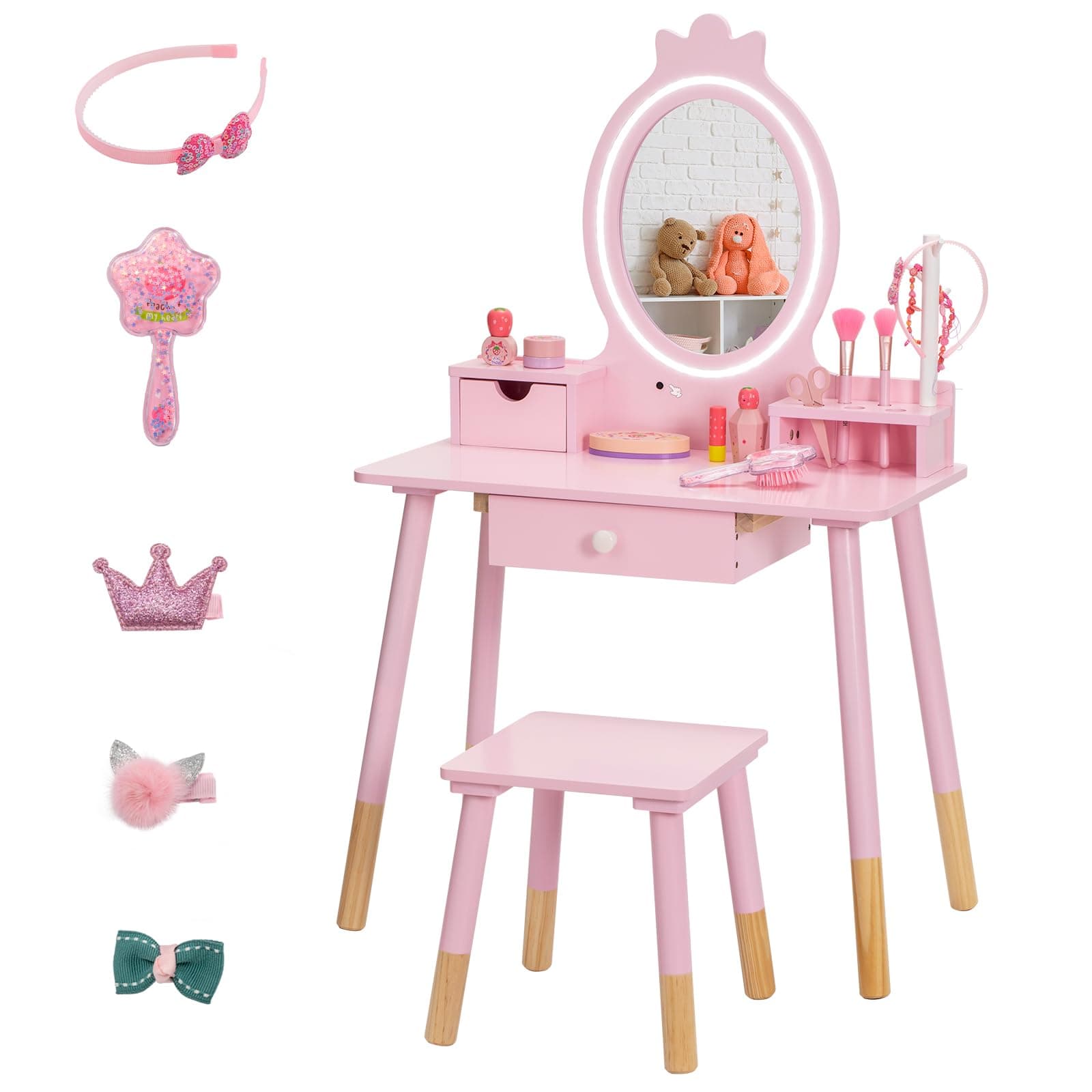 - Kids Vanity Set with Lighted Mirror, Princess Make Up Dressing Table and Stool Set w/Jewelry Storage Rack & Make Up Brush Holder, Wooden Children Vanity Table Pretend Playset for Girls