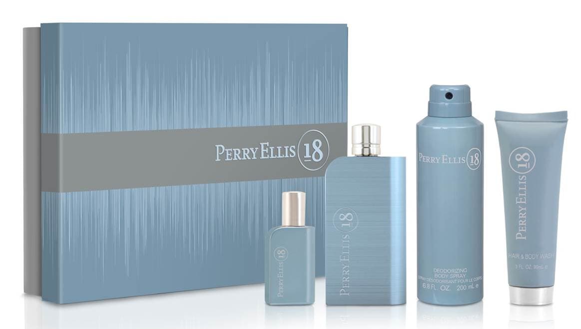 18 by Perry Ellis for Men - 4 Pc Gift Set 3.4oz EDT Spray, 7.5ml EDT Spray, 6.8oz Body Spray, 3oz Hair and Body Wash, I0098878