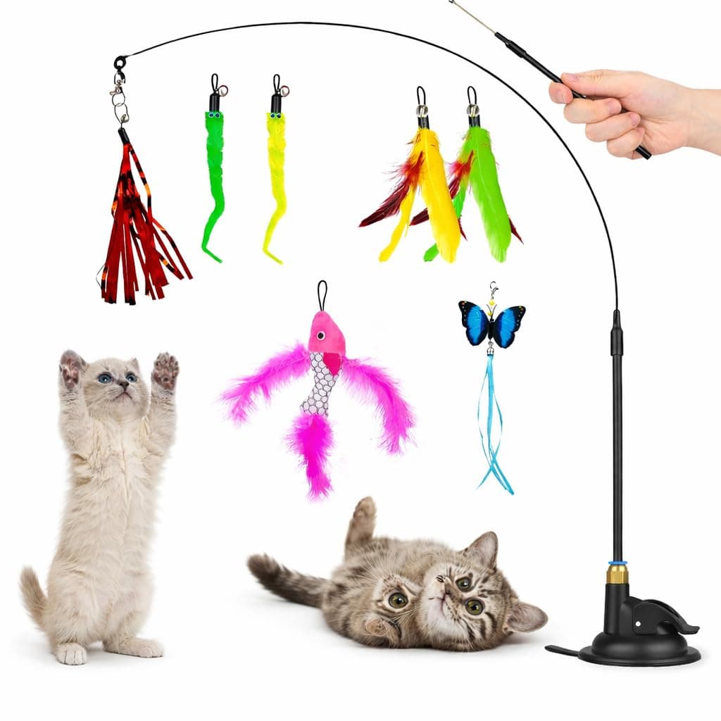 – SKY-TOUCH 9in1 Interactive Automatic Cat Teaser Wand Toy with Strong Suction Cup, Cat Feather Toys with 8 PCS Feather Replacements - with Bell,Interactive Kitten Sticks for Indoor Cats