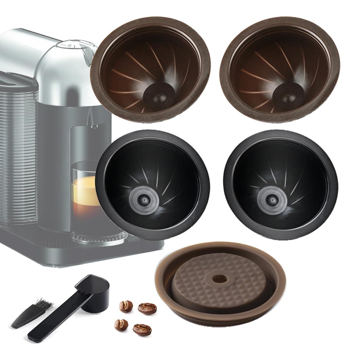 5Pcs Vertuo Reusable Capsule Vertuo Pods Refillable Coffee Capsules VertuoLine for Nespresso Vertuo with 1 Pcs Reusable Silicone Lids (Black 230ML+Brown 150ML+1pcs Silicone Lid)