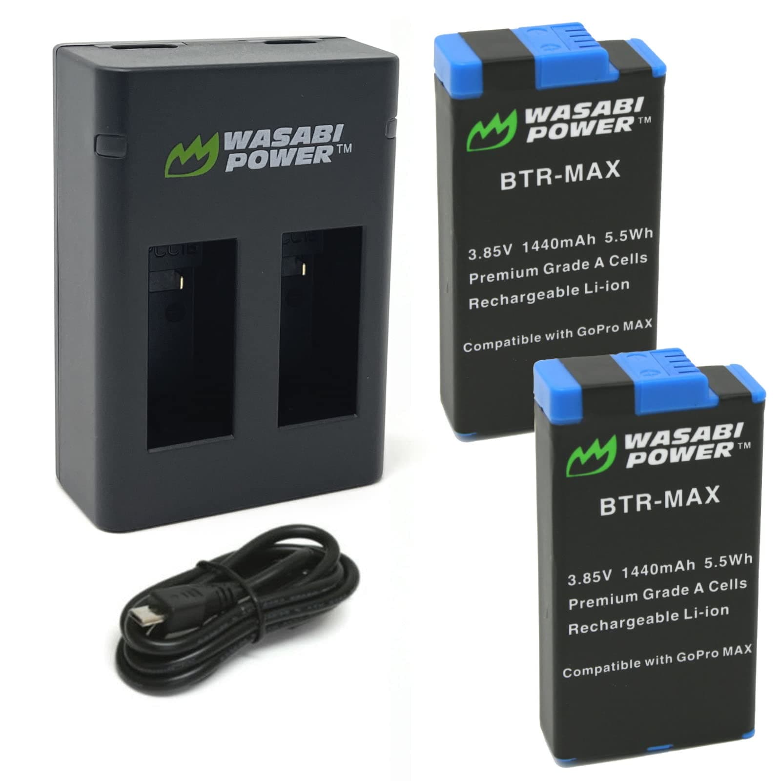 Wasabi Power Replacement for GoPro MAX Battery (2-Pack) and USB Dual Charger Compatible with GoPro ACDBD-001, ACBAT-001 (Fully Compatible)
