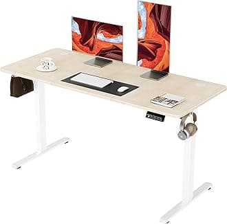 Electric Standing Desk, 140 x 60 cm Height Adjustable Sit Stand Desk with Splice Board for Home Office, Computer Table Memory Preset (White Frame, Gold Oak Desktop)