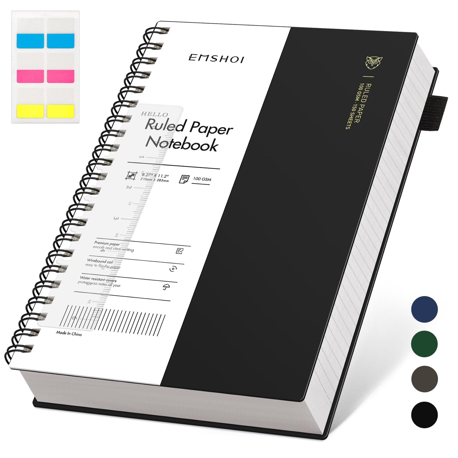 EMSHOI A4 College Ruled Spiral Notebook, Large 8.27"x11.2", Thick 300 Pages/150 Sheets, 100GSM Ink-Proof Waterproof PVC Cover Lay-Flat Lined Journal for Work Office School Writing, Black