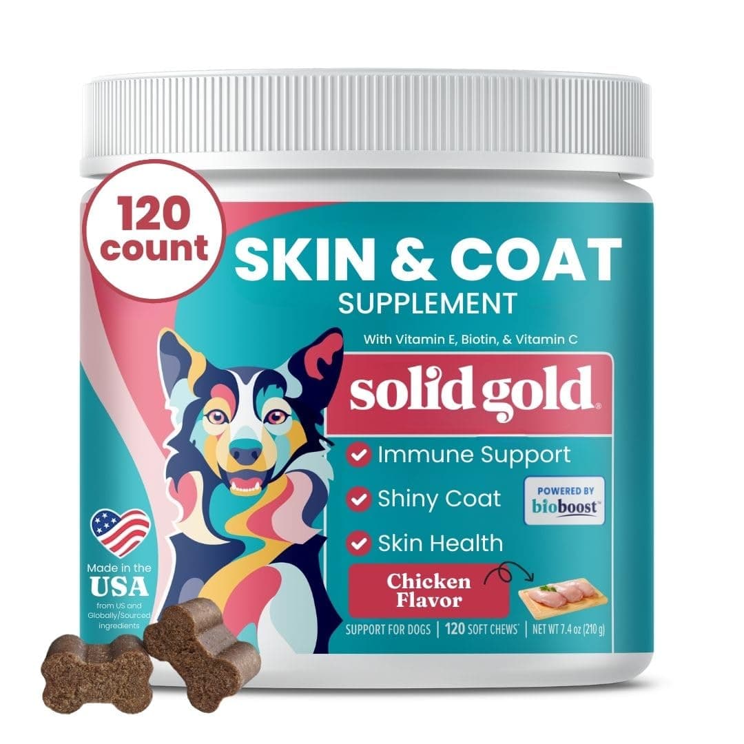 Solid Gold Omega 3 Fish Oil for Dogs Soft Chews - Chicken Flavored Omega 3 for Dog Skin & Coat Health - Vitamin C, E & Biotin Chews for Dry Skin, Immune Support & Itch Relief for Dogs - All Ages 120ct