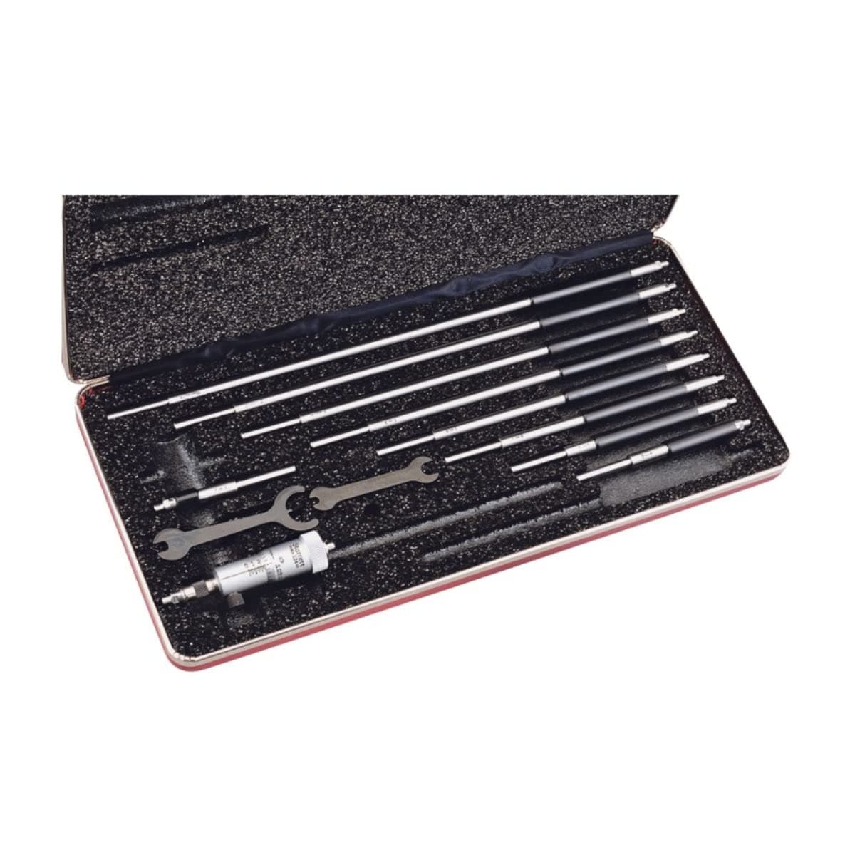 Solid-Rod Inside Micrometer Set with Case, Insulated Rods, Quick-Reading Figures, Hardened and Ground Anvils - 2-12" Range, .001" Graduation, Padded Case Type - 124BZ