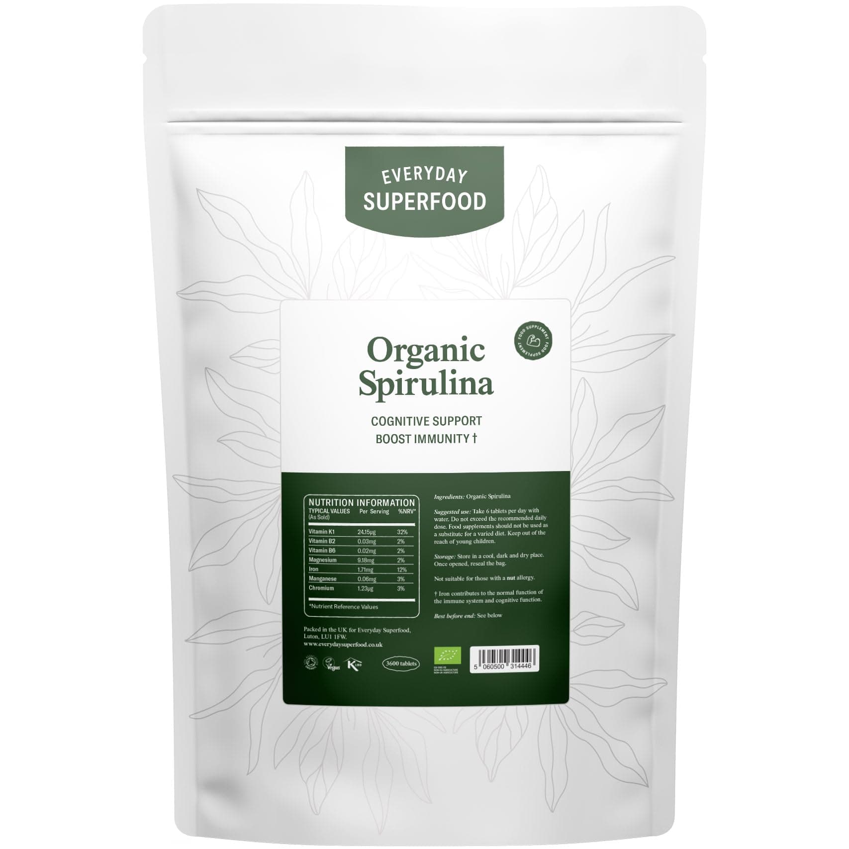Organic Spirulina Tablets (3600 Tablets) Raw Cold Pressed Spirulina Algae Certified Vegan & Kosher