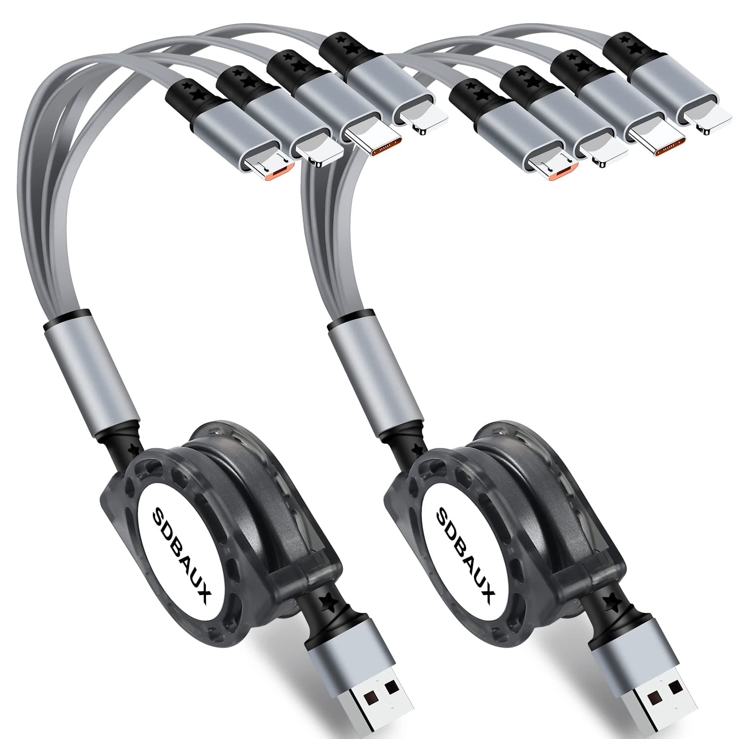 Multi Charging Cable,USB A to 4 in 1 Retractable Dual iP/Type C/Micro Port Fast Charger Cord for iPhone 16 15 14 13 12 Pro Max iPad Mini,Galaxy S23/S22/S20,Cell Phones Tablets Universal Use (Grey)