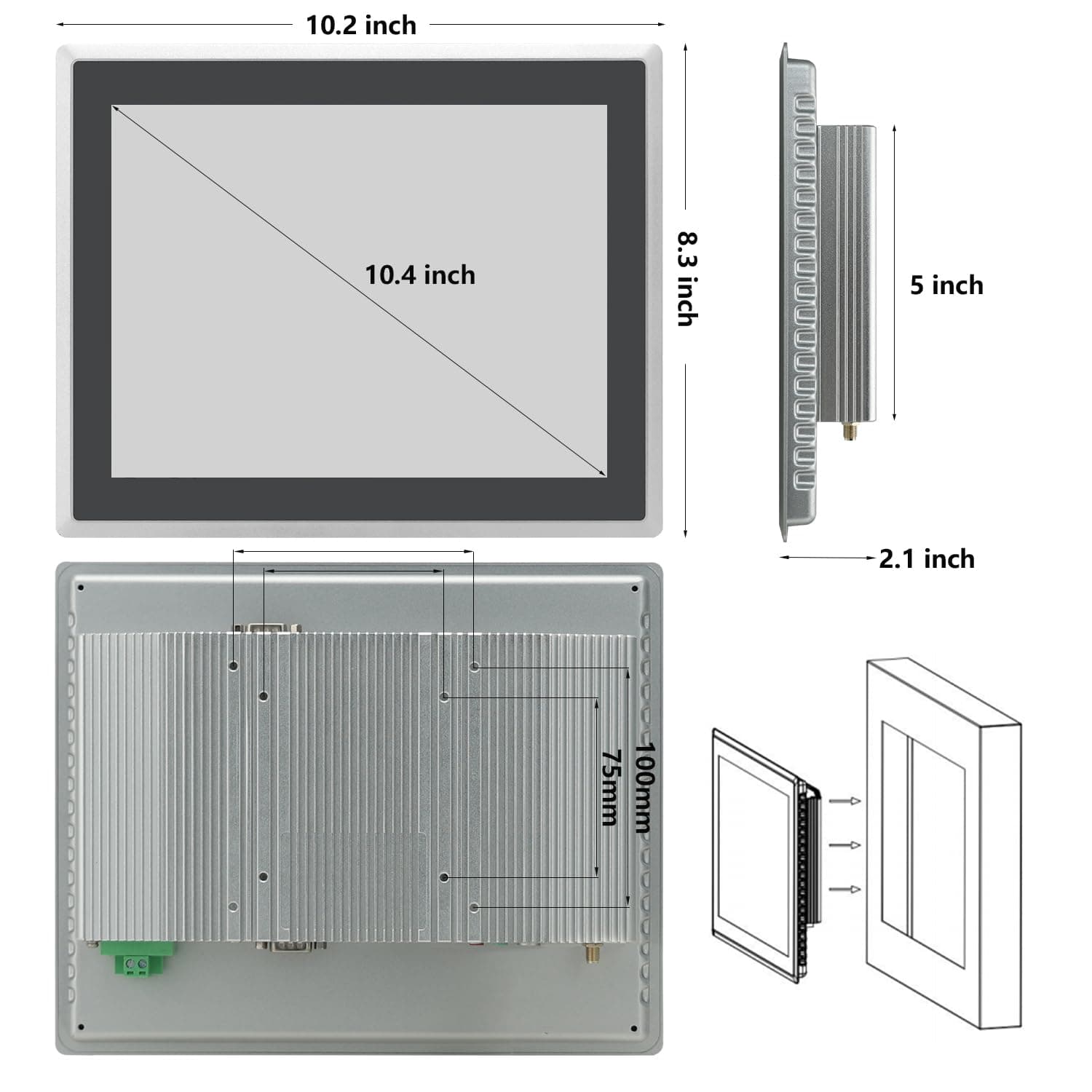 10.4 inch Capacitive Multi-Touchscreen Industrial Embedded Win-10 PC Monitor, IP65 Screen with 10 Points Touch Display, i5+RAM 8G+256G SSD, Integrated Phoenix2pin, HD-MI-Out & USB Ports
