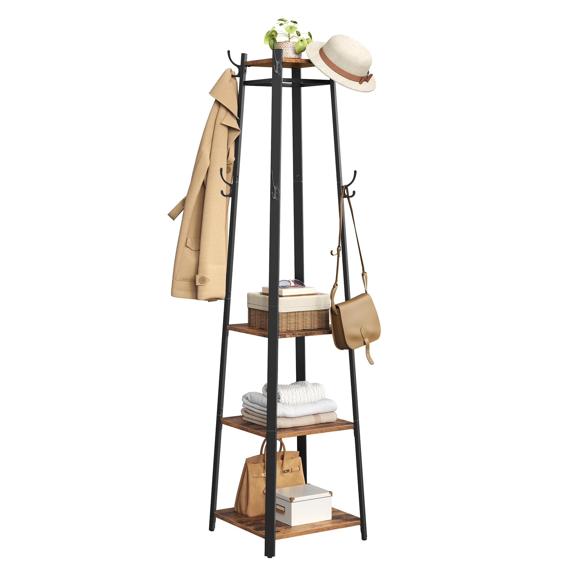 VASAGLE Coat Rack, Coat Stand with 3 Shelves, Hall Tree Free Standing with Hooks for Scarves, Bags, Umbrellas, Steel Frame, Industrial Style, for Entryway, Living Room, Rustic Brown and Black ULCR80X