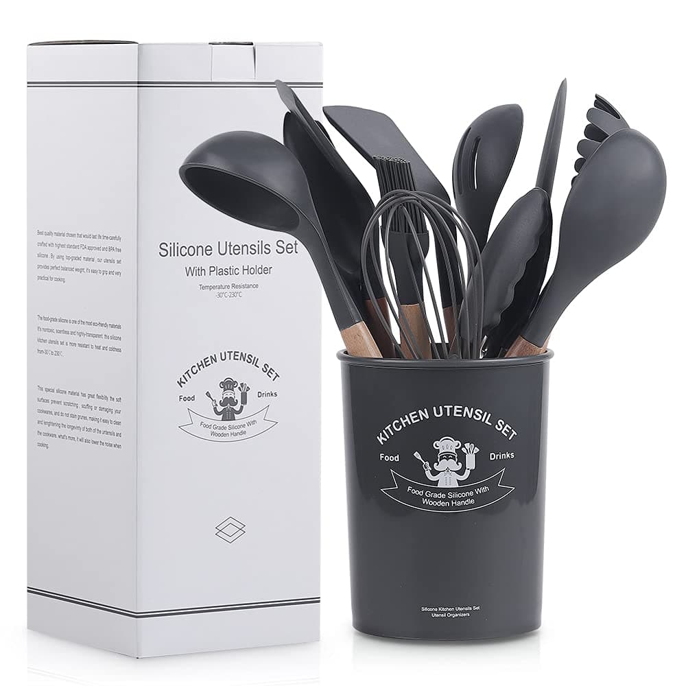 12 Pieces/Set Silicone Kitchen Accessories Cooking Tools | Great Quality Silicone Kitchenware Cocina Kitchen Utensils With Wooden Handles (Black)