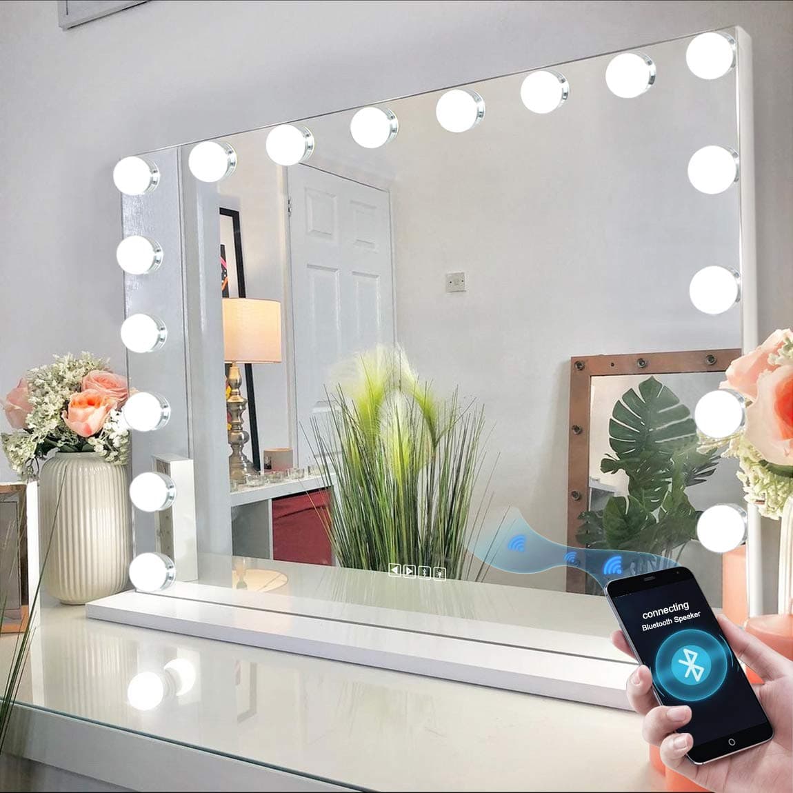 Vanity Mirror for Makeup Bluetooth, Extra Large Hollywood Lighted Mirror with 18 Dimming LED Bulbs Smart, Tabletop/Hanging Cosmetic Mirror with Touch Screen & USB Charging Port & Speaker