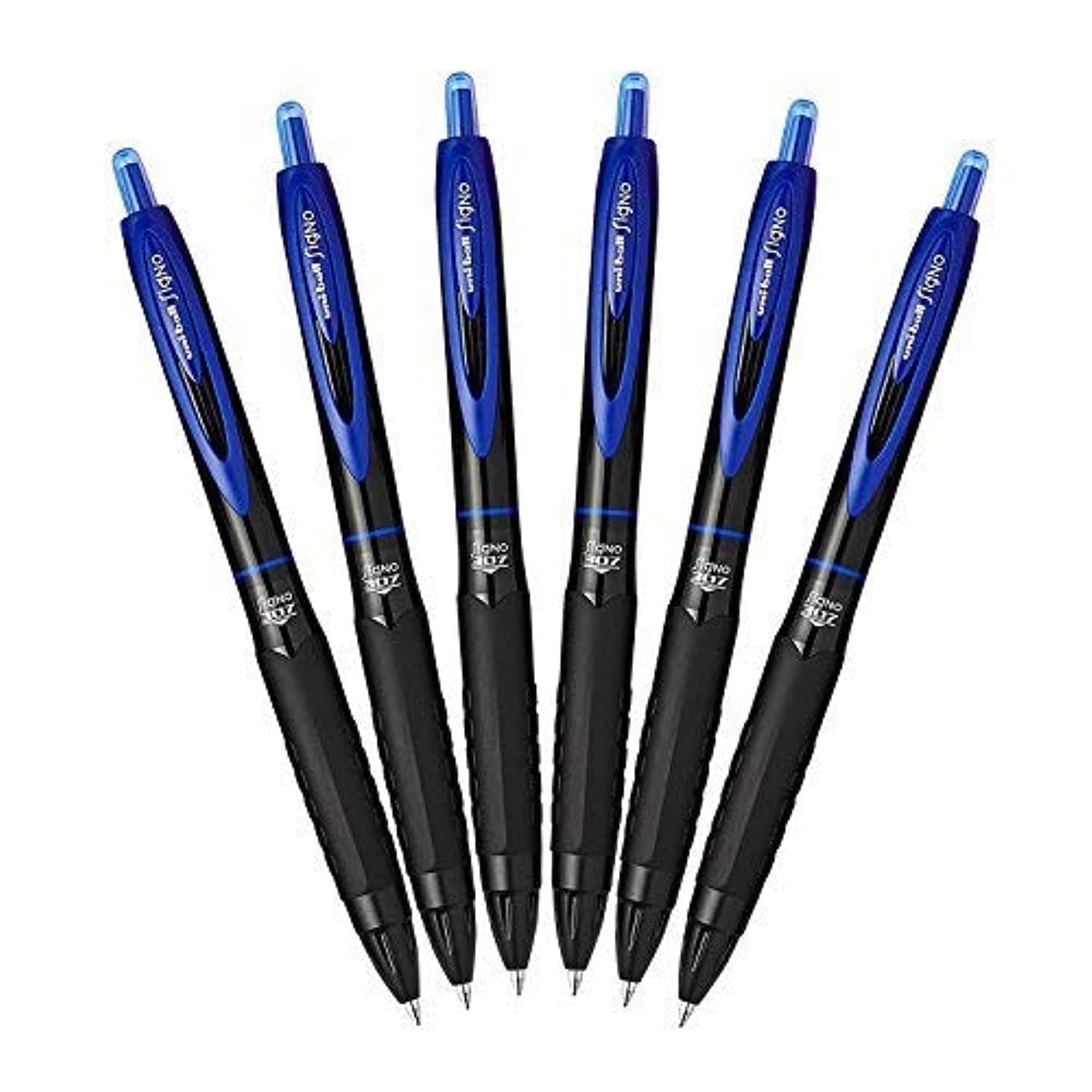 Uni-Ball 307 Retractable Gel Ink Pens, Medium Point 0.7mm, Pack Of 6 (Blue)