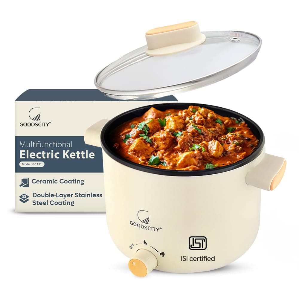 Goodscity Multipurpose Electric Kettle with Ceramic Coating 1.2L| Multi Cooker Kettle Boil, Steam, Fry, Saute|Multi Cook for Water, Egg, Tea,Soup,Coffee,Babyfood| Hostel,Travelling| 600W|1Year Waranty