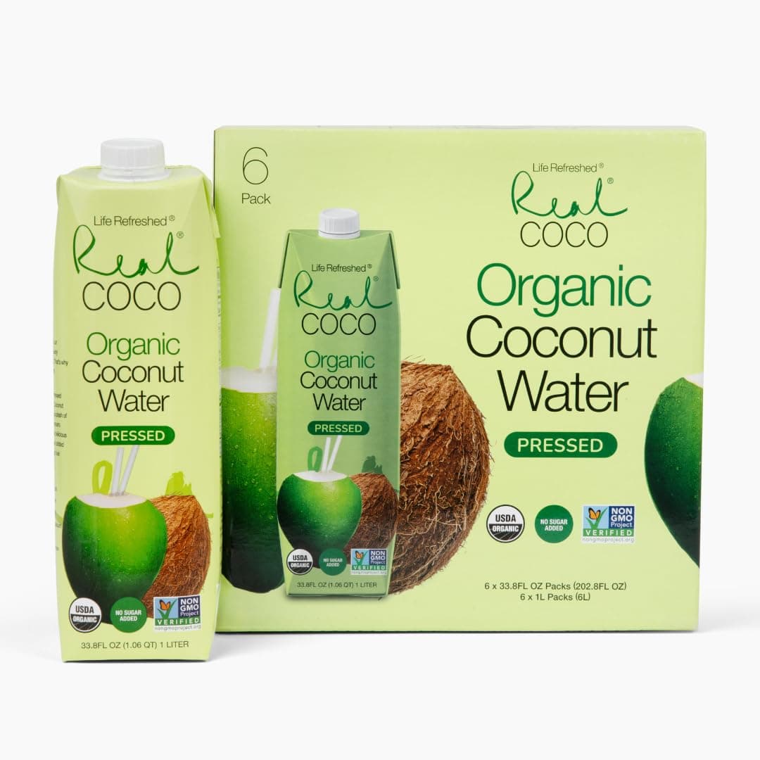 Real Coco Organic Pressed Coconut Water (6-Pack 1L), USDA Organic, No Sugar A...