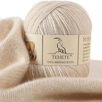 TEHETE 100% Merino Wool Yarn for Knitting 3-Ply Luxury Warm Soft Lightweight Crochet Yarn (Beige)