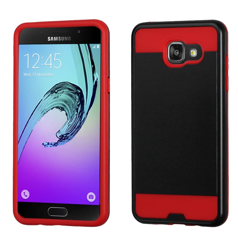 Funda Case para Samsung Galaxy A5 2016 Doble Protector de Plástico con Aspecto Metálico Uso Rudo (Negro con Rojo)