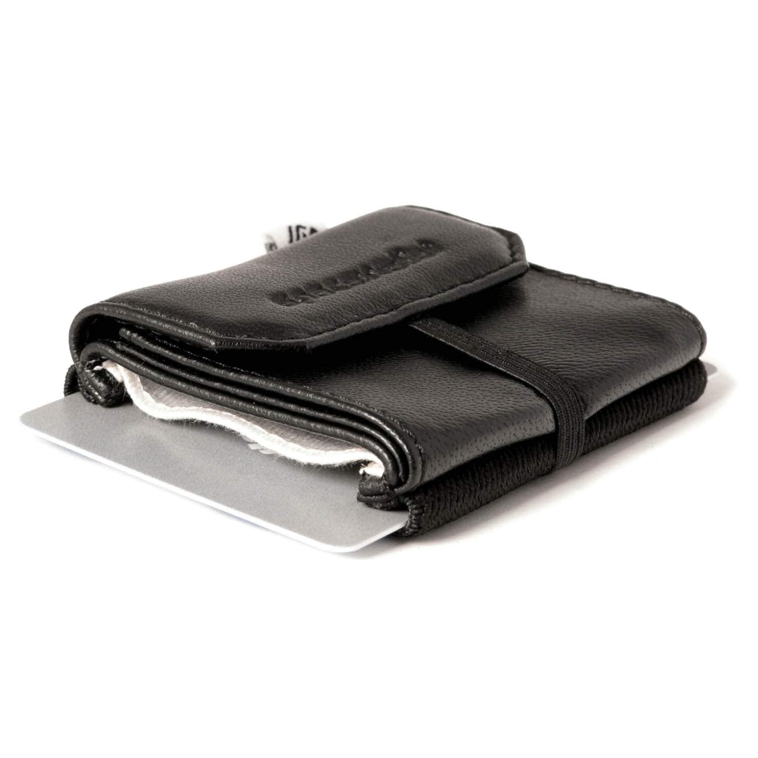 Pull Mini Leather Wallet - Up to 15 Credit Cards/EC Cards in Card Compartment + Coin Pocket + Note Compartment - Handmade in Europe I Black