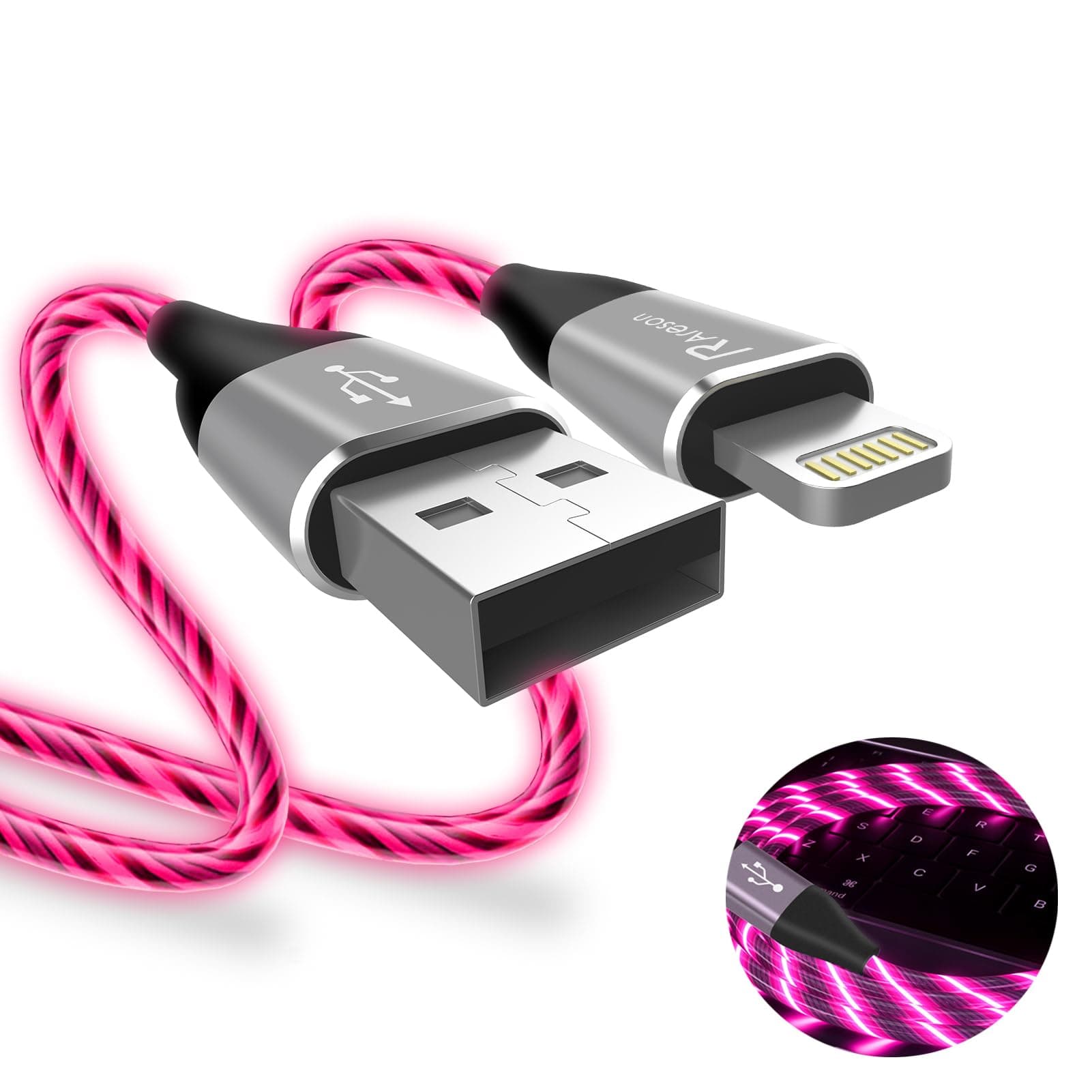 Light up iPhone Charger Cord, LED Lightning Cables 1 Pack | Apple MFi Certified | USB Fast Charging Cord for Apple iPhone 13 12 11 Pro Max XR XS X/8Plus/7Plus/6Plus/5s/iPad More (Pink, 6FT)