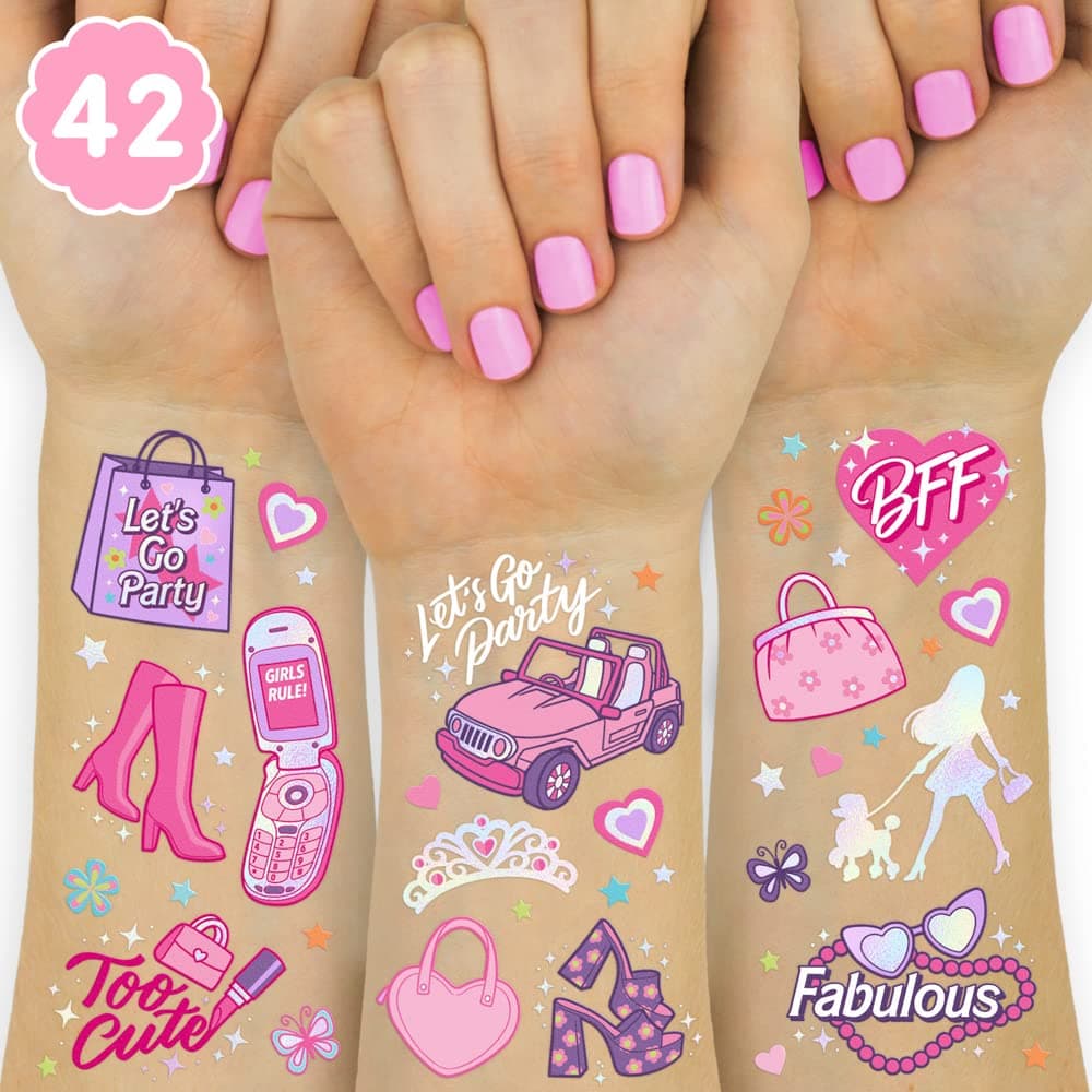 Pink Party Temporary Tattoos - 42 styles | Pink Birthday Party Supplies, Party Favor, Cute Decorations, Easter Basket