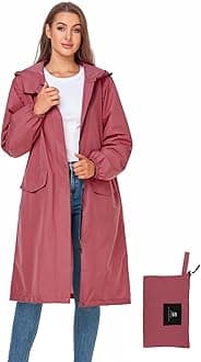 Women's Long Rain Jacket Waterproof Lightweight Hooded Raincoat Packable Knee Length Rain coat