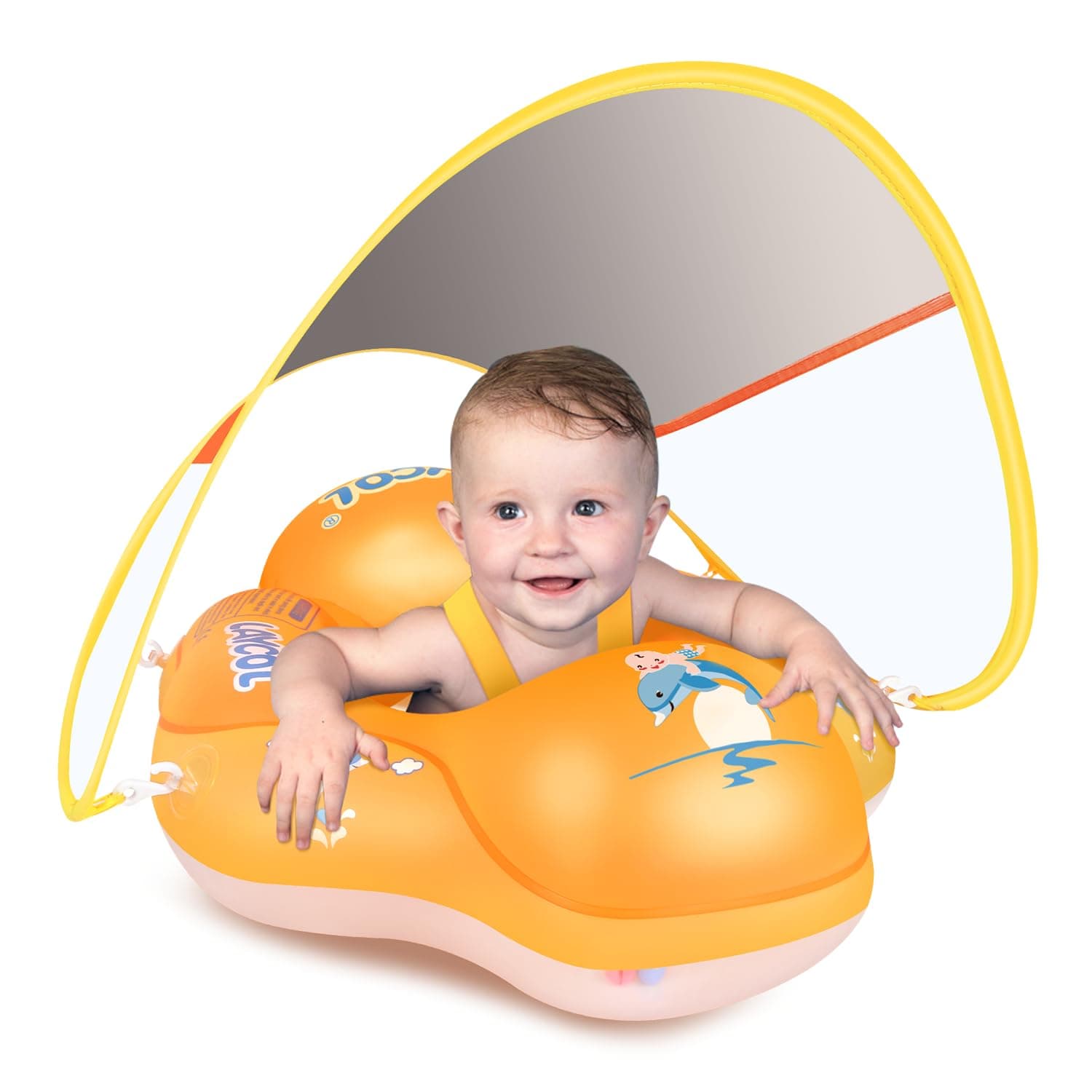 Baby Pool Float No Flip Over, Inflatable Baby Float with Sun Protection Canopy, Baby Swimming Float, Baby Swim Float with Double Air Chambers, Add Tail for Age of 3-36 Months