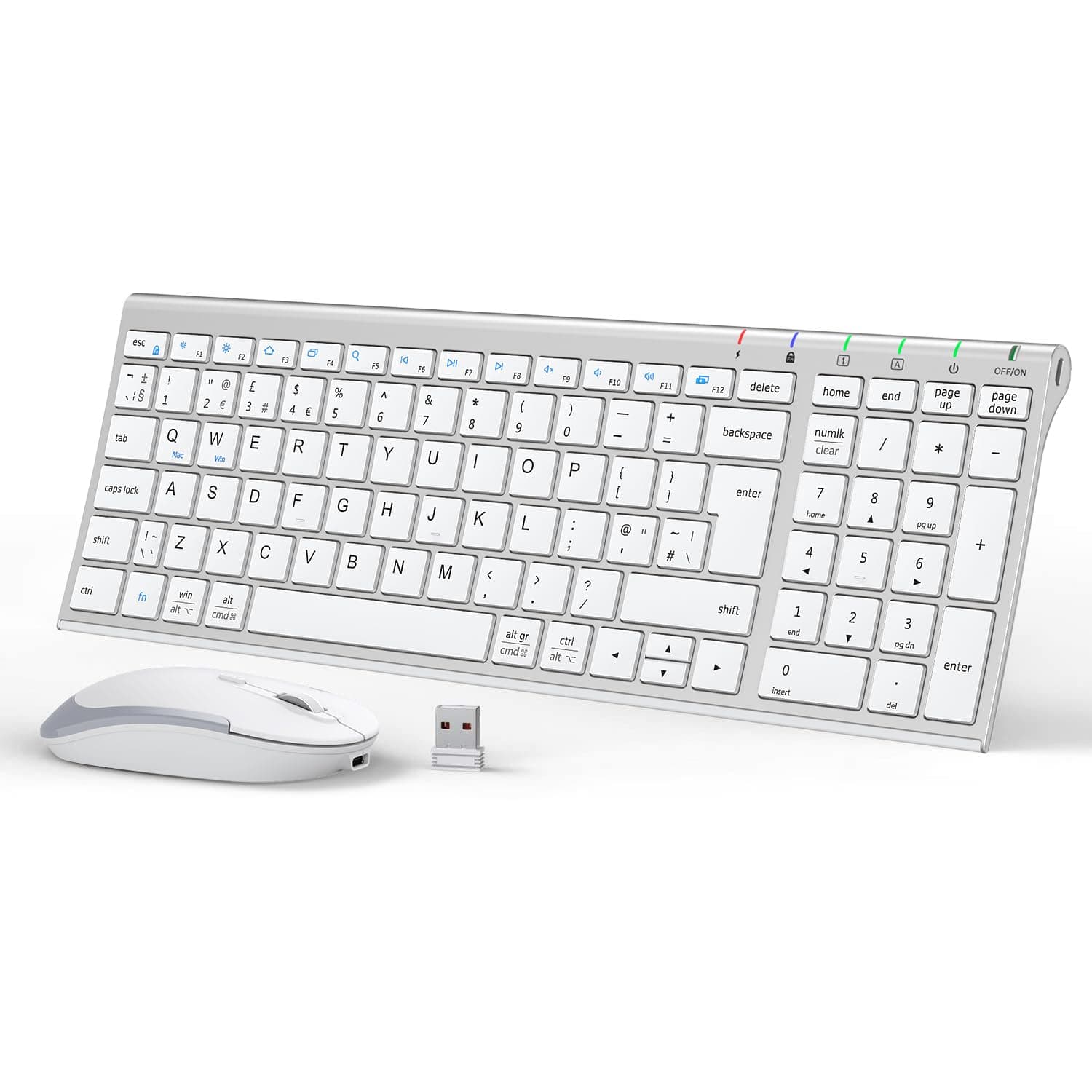 GK03 Wireless Keyboard & Mouse Combo for Mac & Windows, 2.4G Rechargeable Wireless Keyboard Mouse, Silent Keys, Full Size, Portable Slim Ergonomic Design, QWERTY UK Layout, Silver and White
