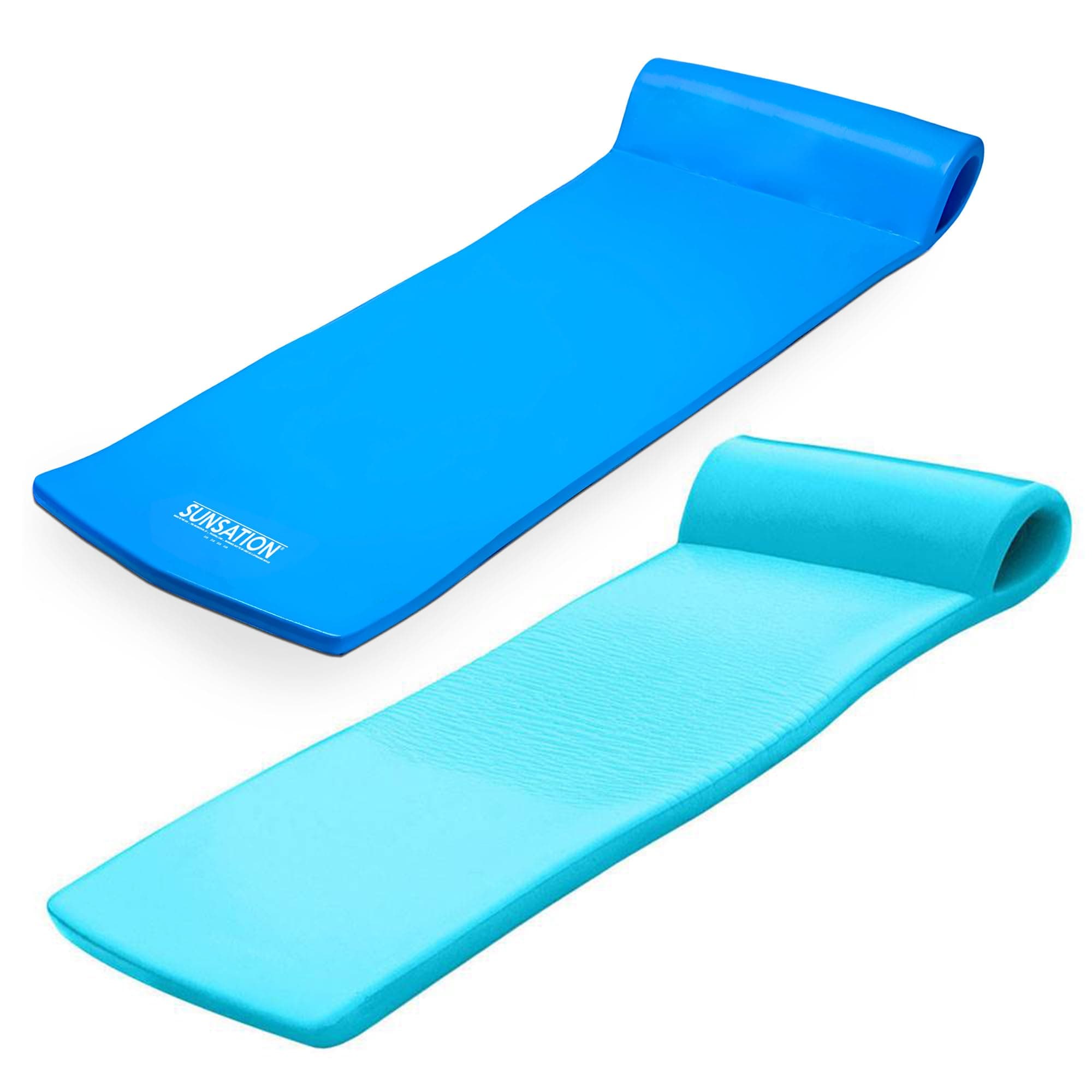2-Pack Sunsation 1.75" Thick Foam Pool Float Lounger, Bahama Blue & Tropical Teal w/Headrest for Lounging & Sunbathing in Swimming Pools, Beaches & Lakes, 70" x 26"