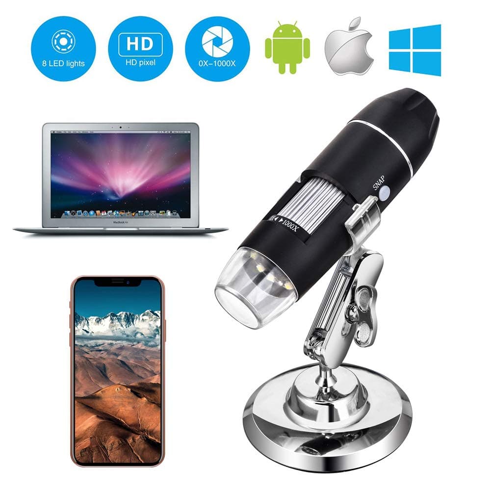 USB Microscope, with Metal Stand, 1000x Digital Handheld Microscope with 8 LED and 2 in 1 Micro USB Support for OTG Adapter, Android Smartphone, iPhone, Tablet, Widows by DigiHero Mini Camera