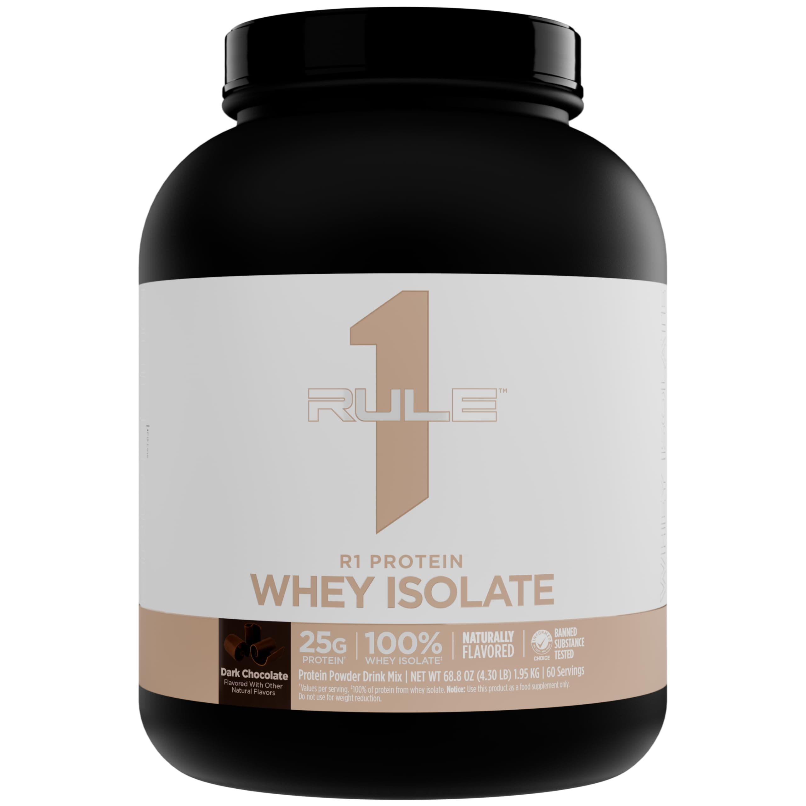 Rule 1 Naturally Flavored R1 Protein Whey Isolate - Clean Formula with 25g Protein & 6g BCAA Exclusively Isolated & Hydrolyzed Sources for Workout Recovery (4.3 Pounds*, Dark Chocolate)