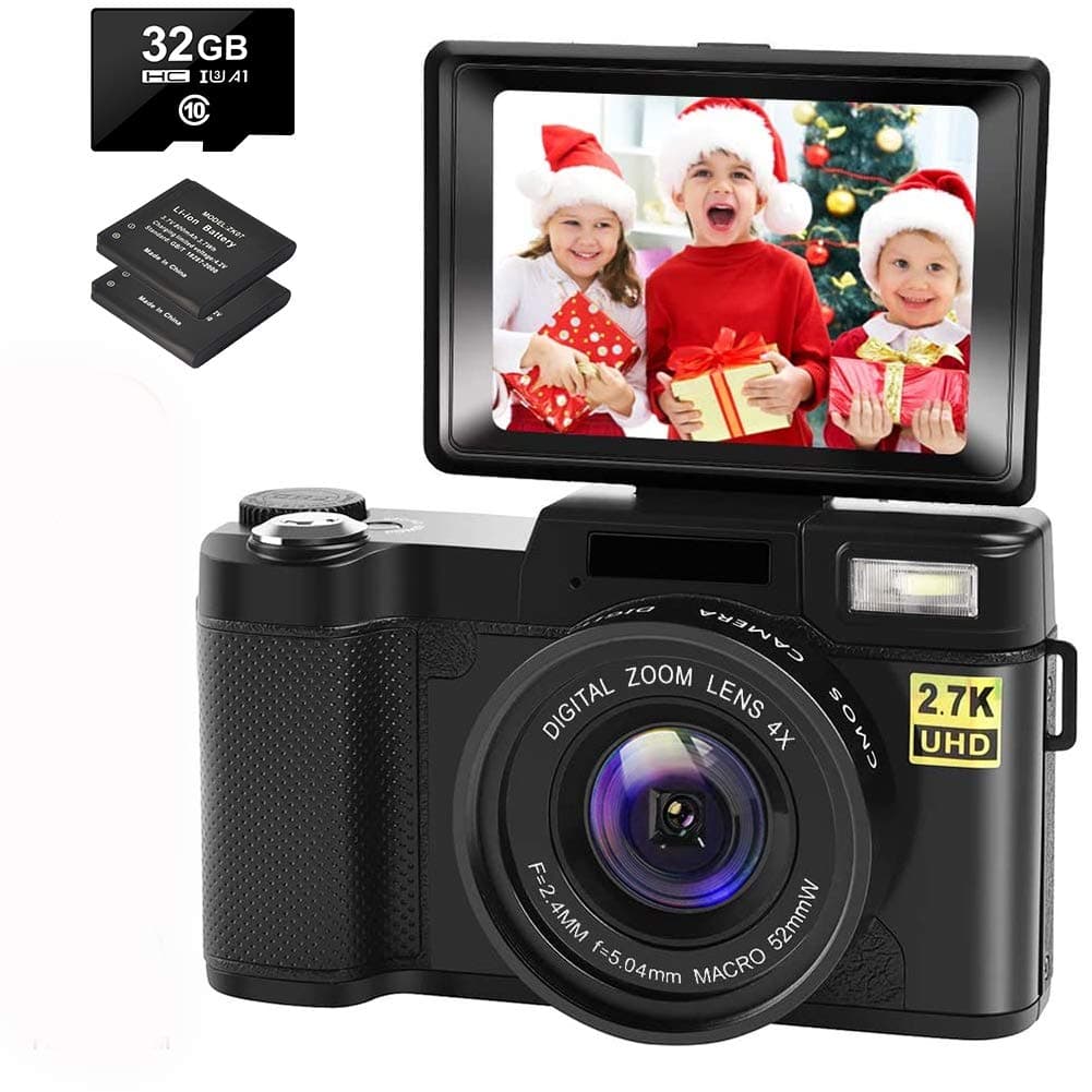 Digital Camera Vlogging Camera with YouTube 30MP Full HD 2.7K Vlog Camera with Flip Screen 180° Rotation with 32GB Memory Card and 2 Batteries （Focus Fixed）, Black