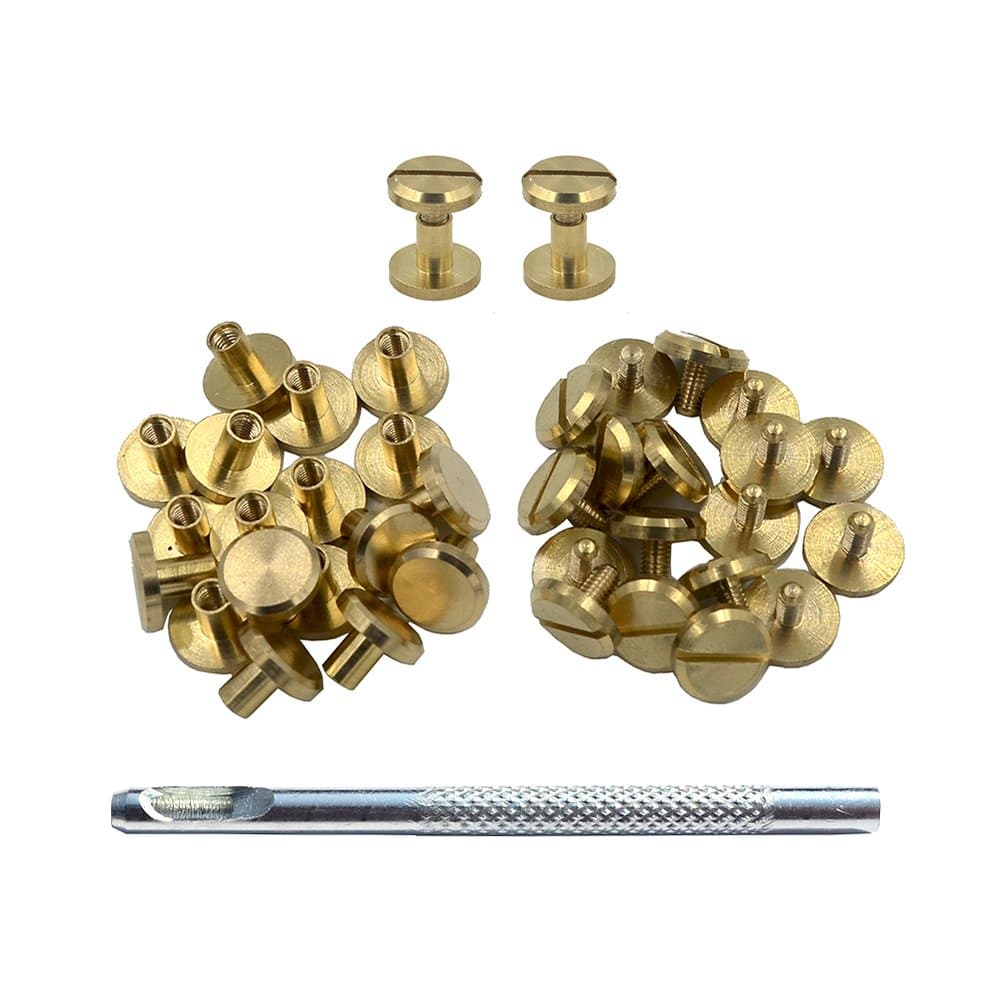 CrazyEve Brass Leather Binding Stud Belt Strap Bag Screws Binder Nail Rivet 20 Sets with Install Hole Punch (10mmx6mm)