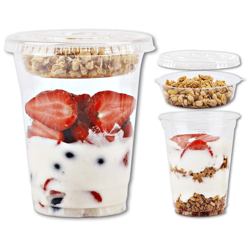 Clear Plastic Parfait Cups with Insert &Lids No Hole - Yogurt Fruit Parfait Cups for Kids, for Dips and Veggies, Take Away Breakfast and Snacks. No Leaking (12oz. flat, 50sets)