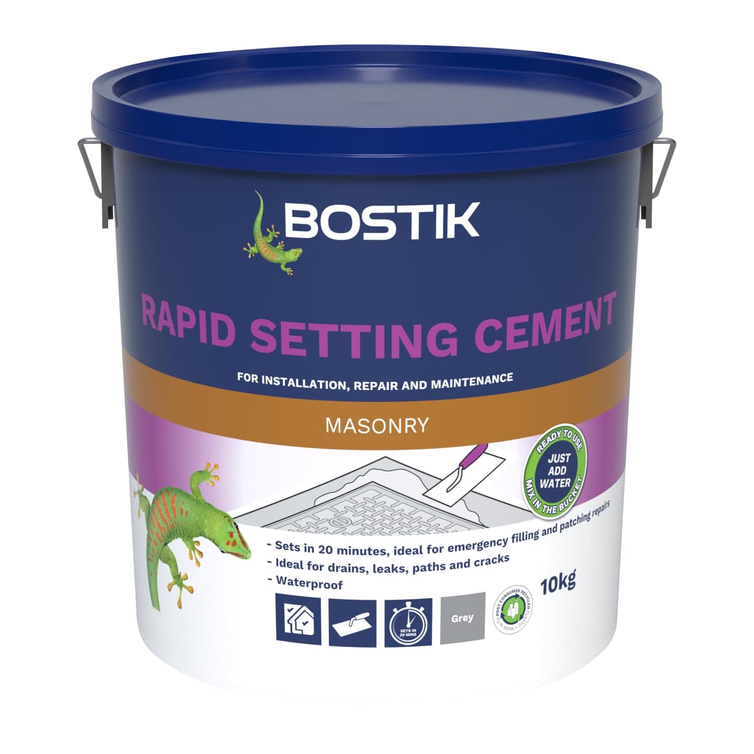 Bostik Rapid Setting Cement 10kg - Fast-Setting 20 Minute Waterproof Repair Mortar - Ready Mixed, Just Add Water - Strong & Durable - For Drain Repairs & Concrete Fixing - Indoor & Outdoor Use