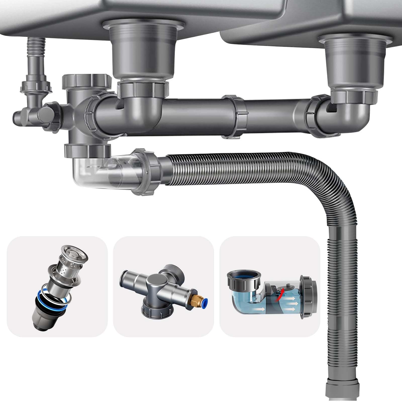 Double Sink Drain Kit Space Saving Kitchen Sink Drain Kit Expandable Flexible 1 1/2" P-Trap Pipe 3-1/2 Inch Sink Drain Assembly Kit with 4-Way Fitting Adapter for Dishwasher