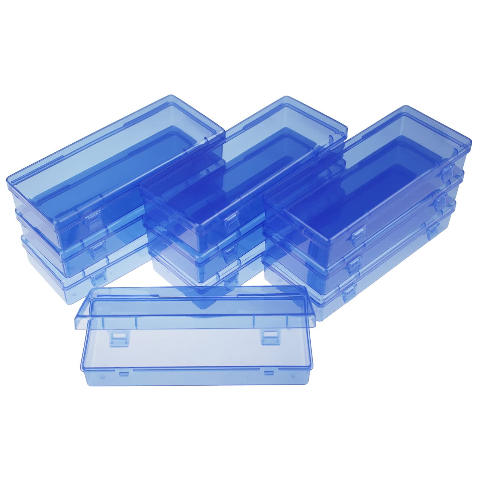 LJY 10 Pieces Rectangular Empty Mini Clear Plastic Organizer Storage Box Containers with Hinged Lids (6.1 x 2.6 x 1.2 inch, Blue)