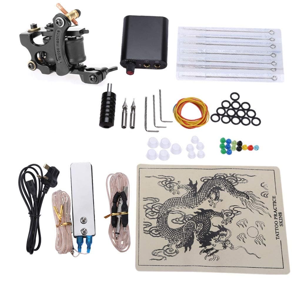 MAYCREATE® Tattoo Machine Kits 8 Wrap Coils Guns Machine Power Supply Disposable Needle (Black, UK Plug)