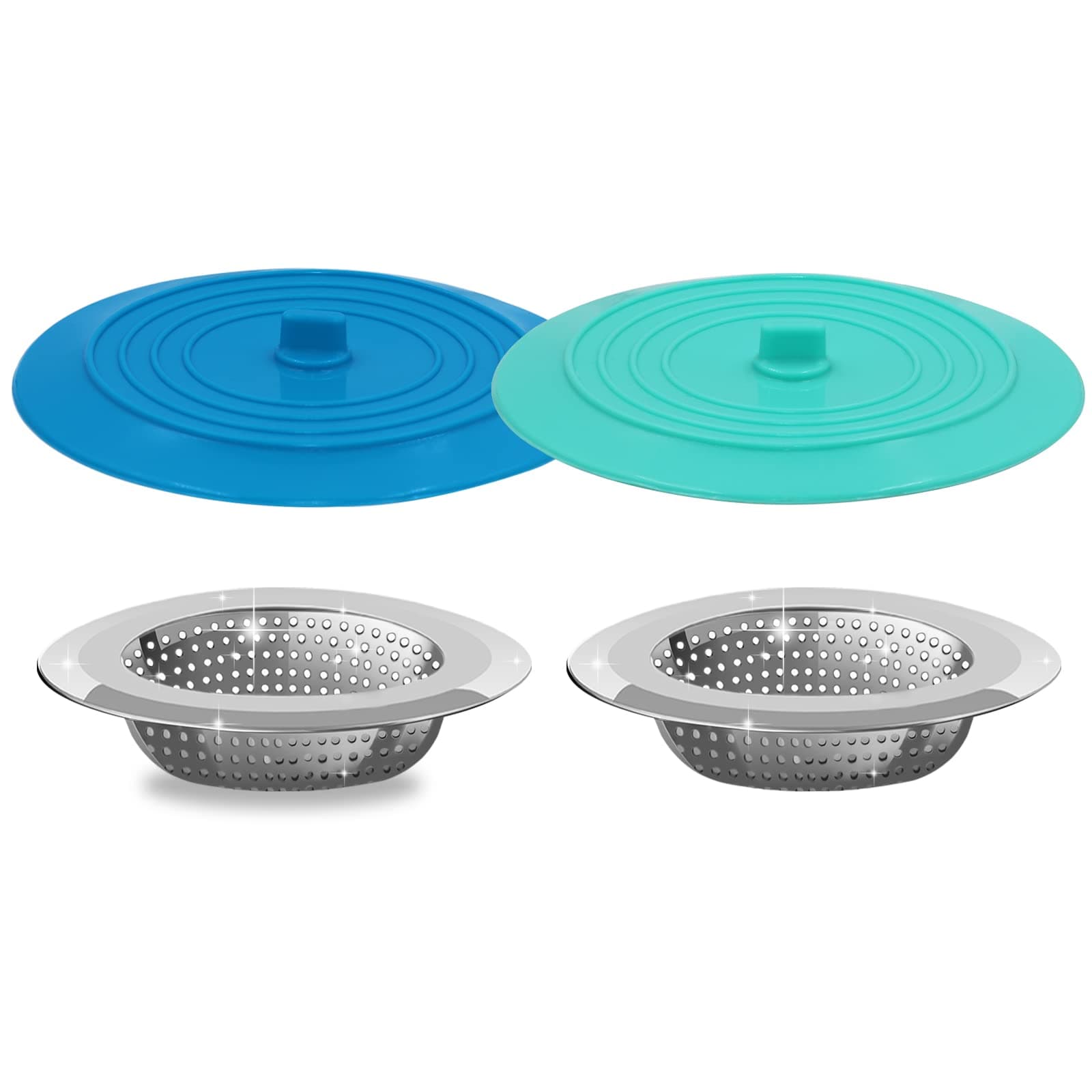V-TOP Kitchen Drain Strainer Stopper 4 Pack, Universal 6 Inch Silicone Plug Anti-Clogging Stopper Cover, 4.5 Inch Stainless Steel Basket Strainer Food and Hair Catcher