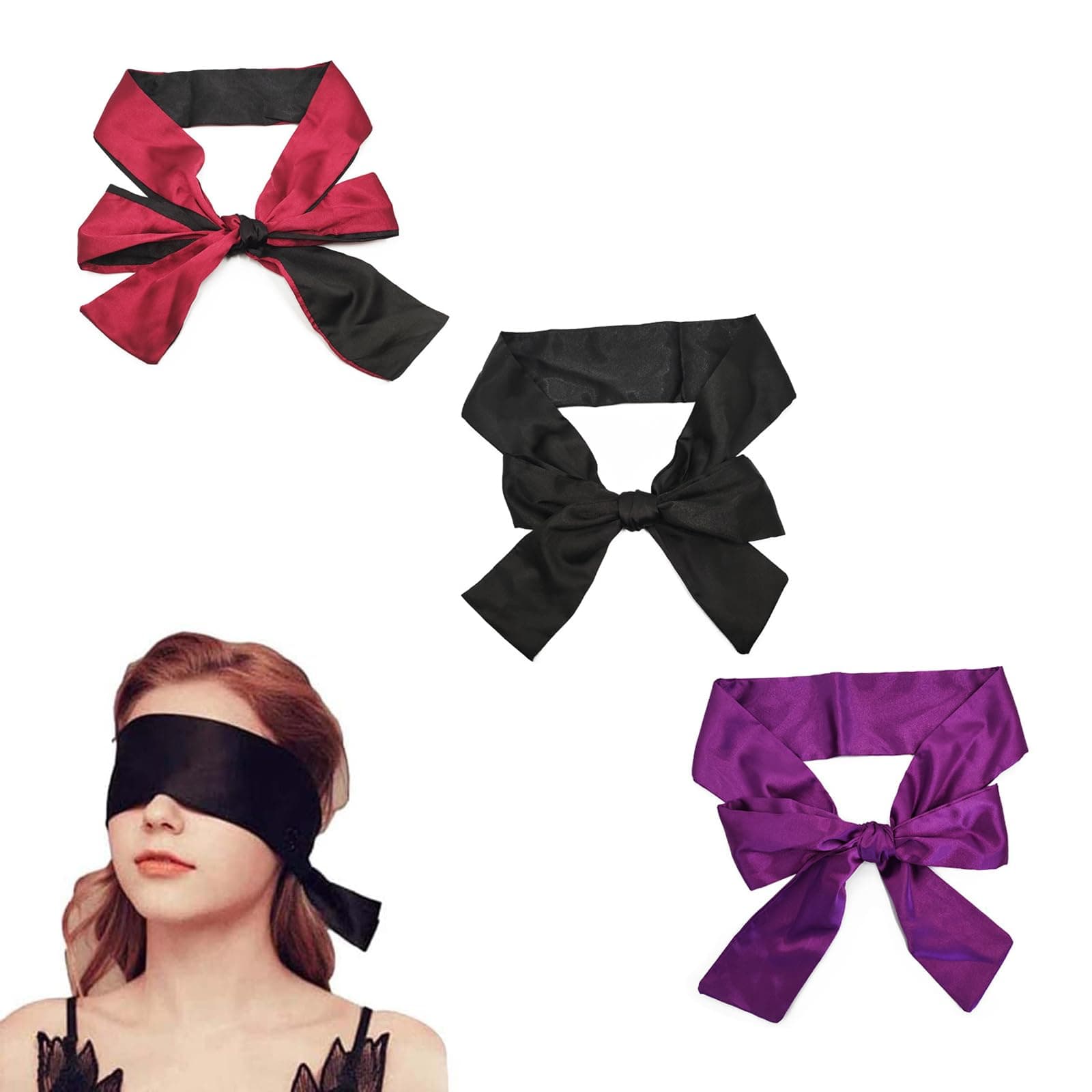 3 Pack Satin Eye Mask Blindfold, Sleeping Mask Silk Adjustable Blindfolds to Tie Your Eyes Cover Eyeshade