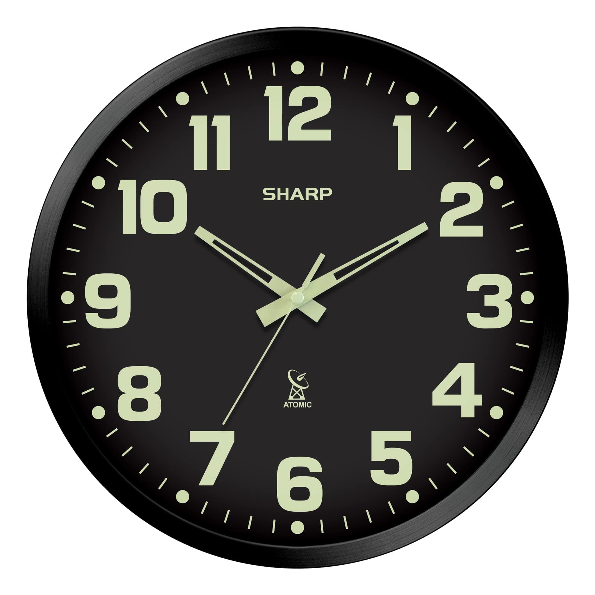 SHARP Glow in The Dark Atomic Analog Wall Clock - 12" Clock with Black Frame - Sets Automatically - Battery Operated - Easy to Read - Easy to Use ââ‚¬â€œ See Day or Night!