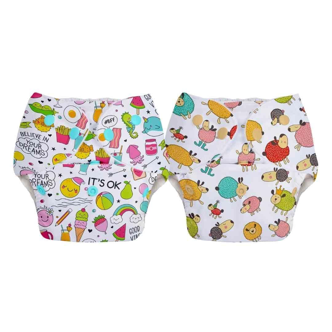 SuperBottoms BASIC Pack of 2 Reusable Cloth Diaper for babies 0-3 Years | Freesize Adjustable Washable and Reusable | Outer Shell only | (WITHOUT dry feel pad/soaker/insert) | Print may vary