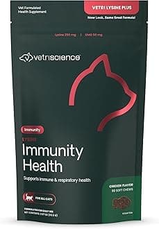 VetriScience Lysine Immunity Health Chews, 250 mg Immune Supplement for Cats and Kittens with Allergies, Sneezing, Runny Nose and Watery Eyes, Chicken, 90 Count
