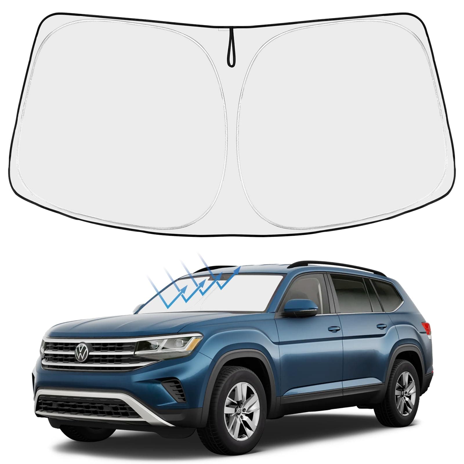 Proadsy Front windshield sun shade foldable sunshade protector custom fit volkswagen atlas 2018 2019 2020 2021 2022 vw atlas cross sport winter accessories 2022 upgrade - Silver & Black