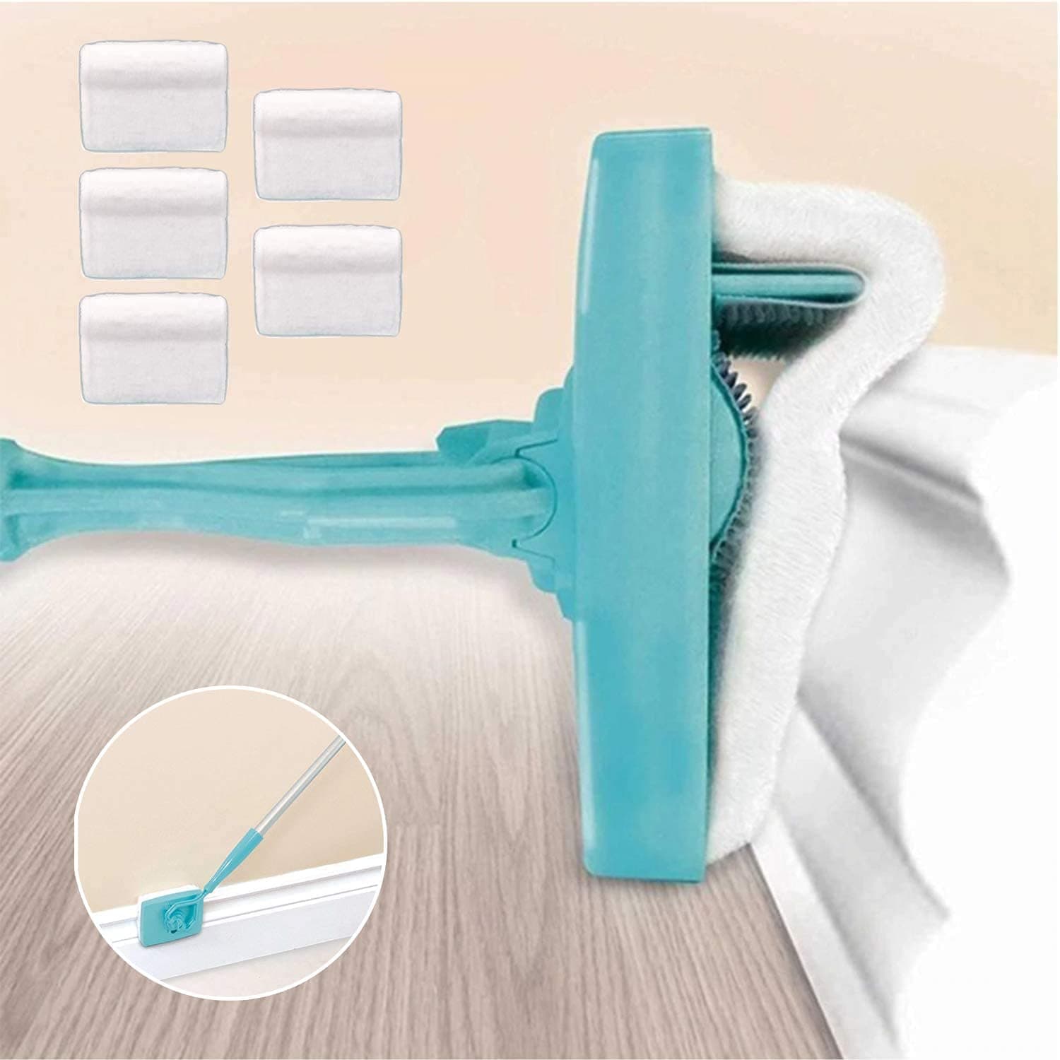 Baseboard Cleaner Tool with Handle, 5 Reusable Cleaning Pads, 1PC No-Bending Mop Baseboard Cleaner Tool Long Handle Adjustable Baseboard Molding Tool for Bathroom Microfiber Cleaning