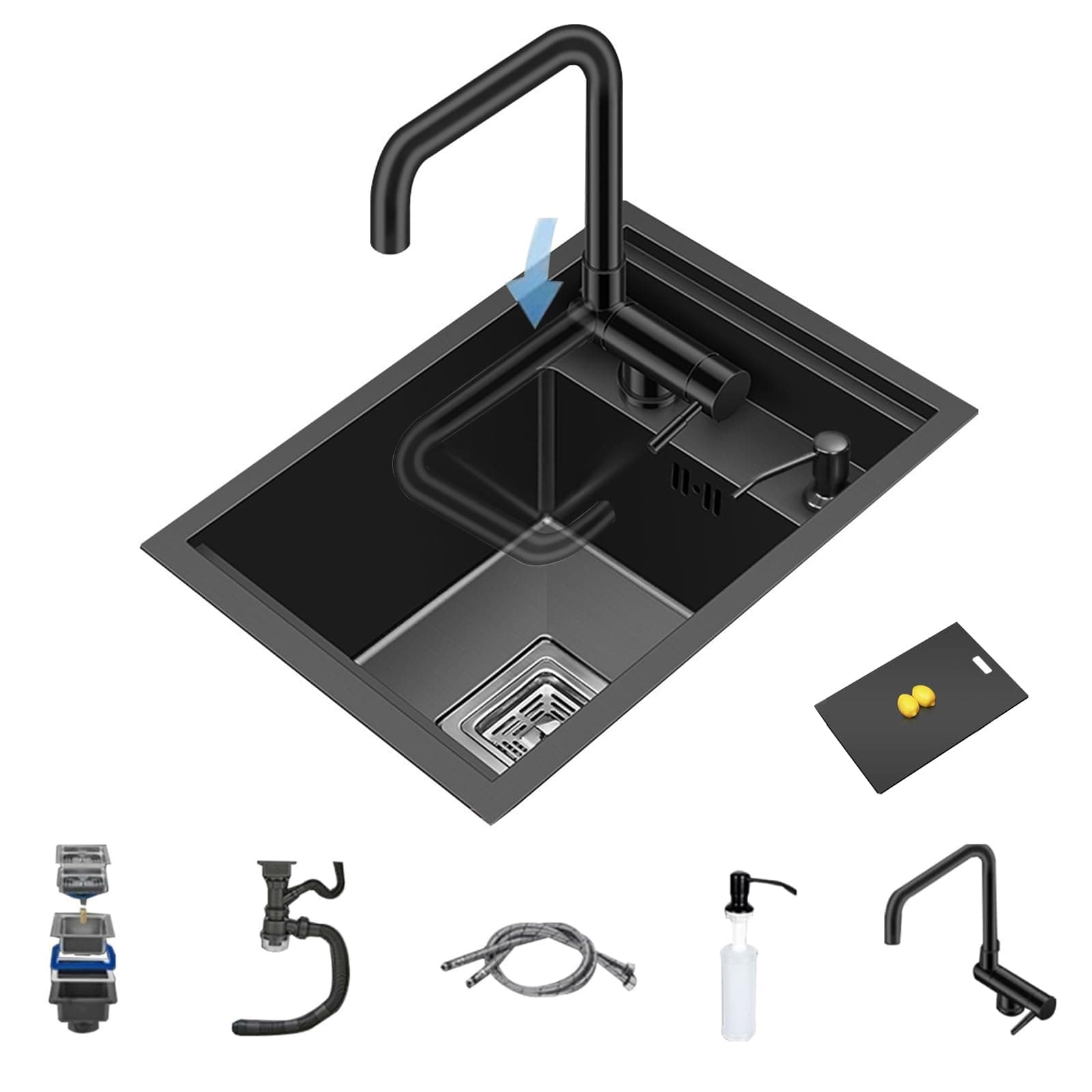 Single Bowl Kitchen Bar Space-Saving Invisible Sink RV Single Bowl Sink with Cover Small Embedded Siphon Stainless Steel Countertop Basin