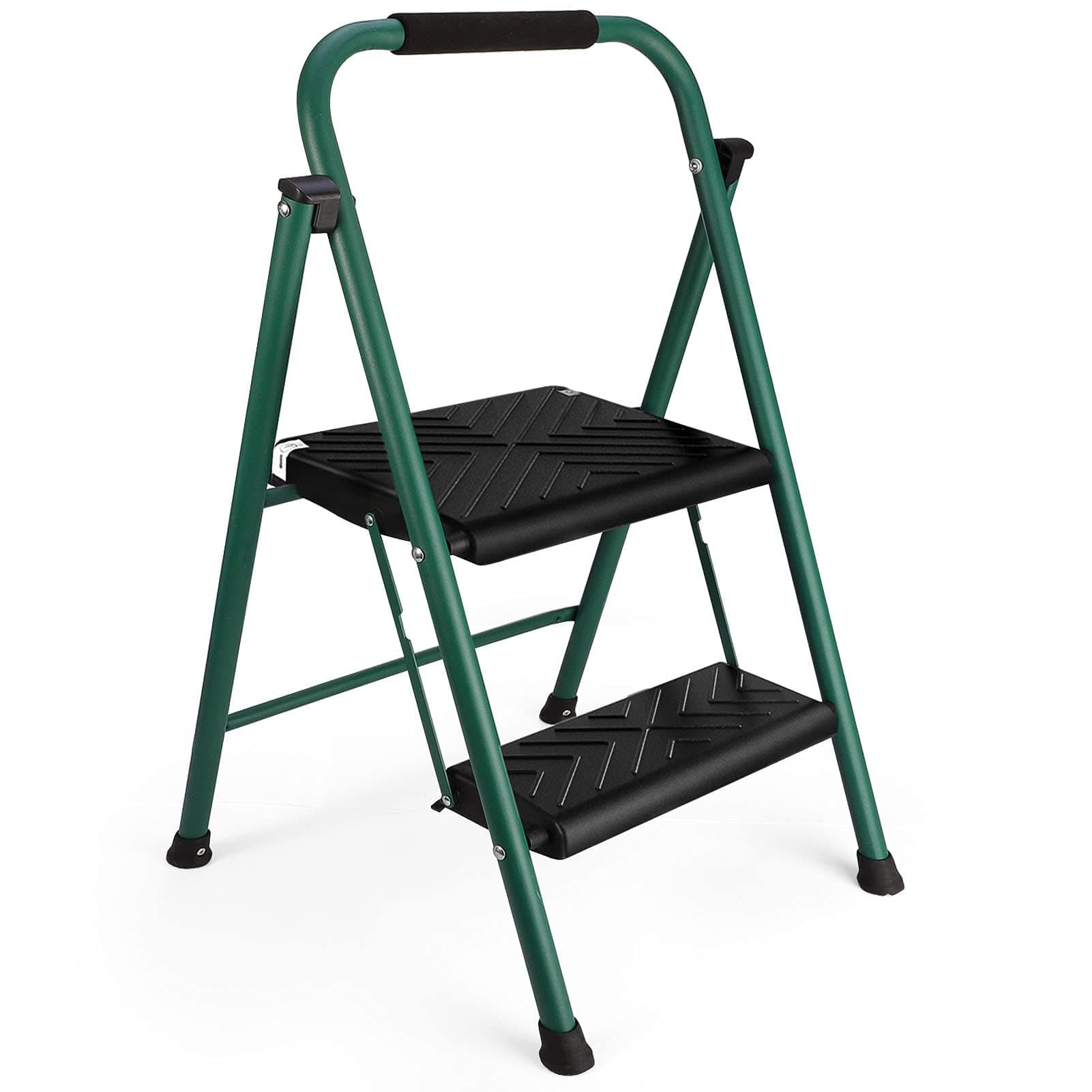 Delxo 2 Step Ladder, Folding Step Stool for Adults With Wide Anti-Slip Pedal, Convenient Handgrip, Lightweight, Portable Collapsible Metal for Household, Kitchen (Black+Green)