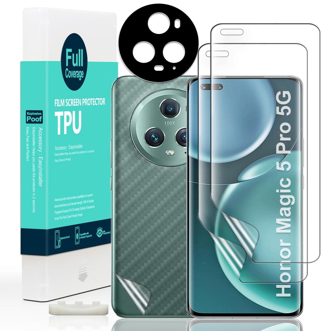 Ibywind Screen Protector For Honor Magic5 Pro 5G 6.81",with 2Pcs Flexible TPU Film,1Pc Camera Lens Protector,1Pc Backing Carbon Fiber Film [Fingerprint Reader,Easy to install]