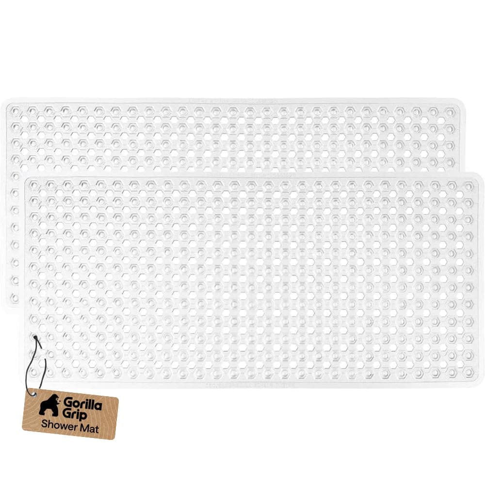 GORILLA GRIP Patented Bath Tub Shower Mat, 2 Pack, Machine Washable Bathtub Floor Liner Mats, Suction Cups and Drain Holes to Keep Tubs Clean, Soft on Feet, Bathroom Essentials, 35x16 Inch, Clear